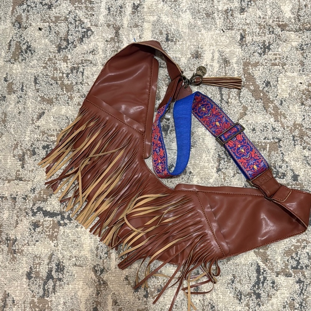 Sash Brown faux Leather Fringed Crossbody Bag with Blue Strap